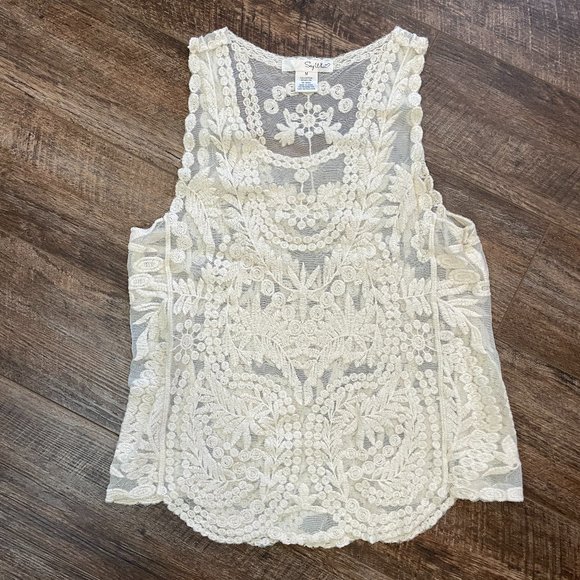 Say What? Tops - Say What? Medium Cream Lace Sheer Tank